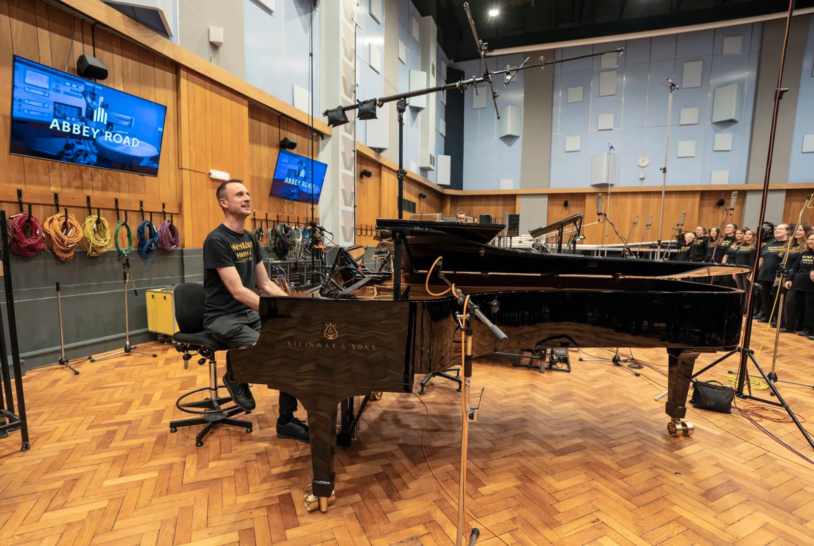 James Cleeve at the piano in Studio One, Abbey Road, recording with the West End Musical Choir