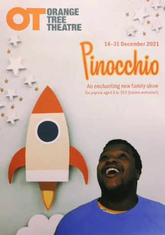 Pinocchio flyer for the Orange Tree Theatre: a paper rocket and stars beside a smiling performer
